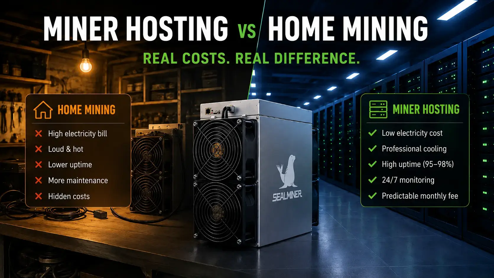 Miner hosting vs home mining with ASIC miners, datacentre racks and home mining setup