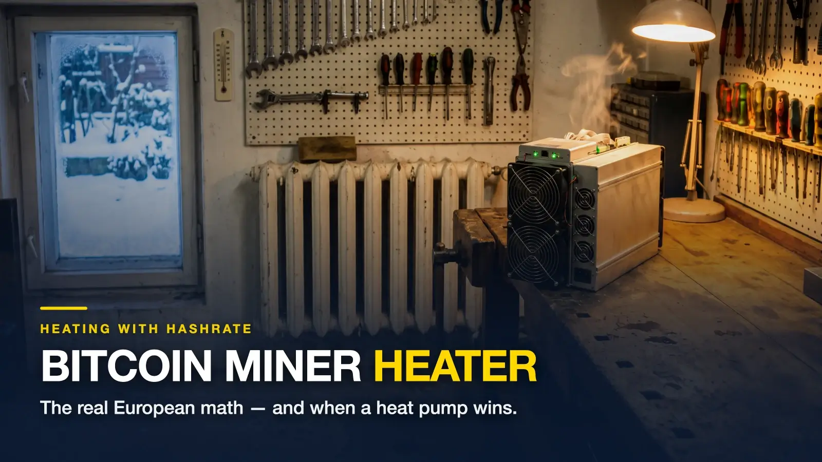 Bitcoin miner heater — ASIC miner running on a workshop bench next to a switched-off radiator in winter