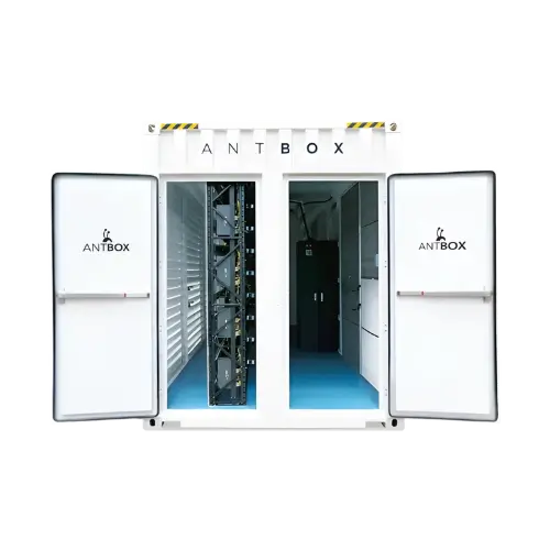 Interior of the Bitmain ANTBOX mining container showing equipment racks and airflow layout for ASIC miners