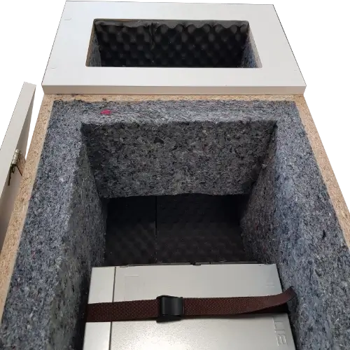Sound insulated cabinet housing ASIC mining equipment to help control fan noise