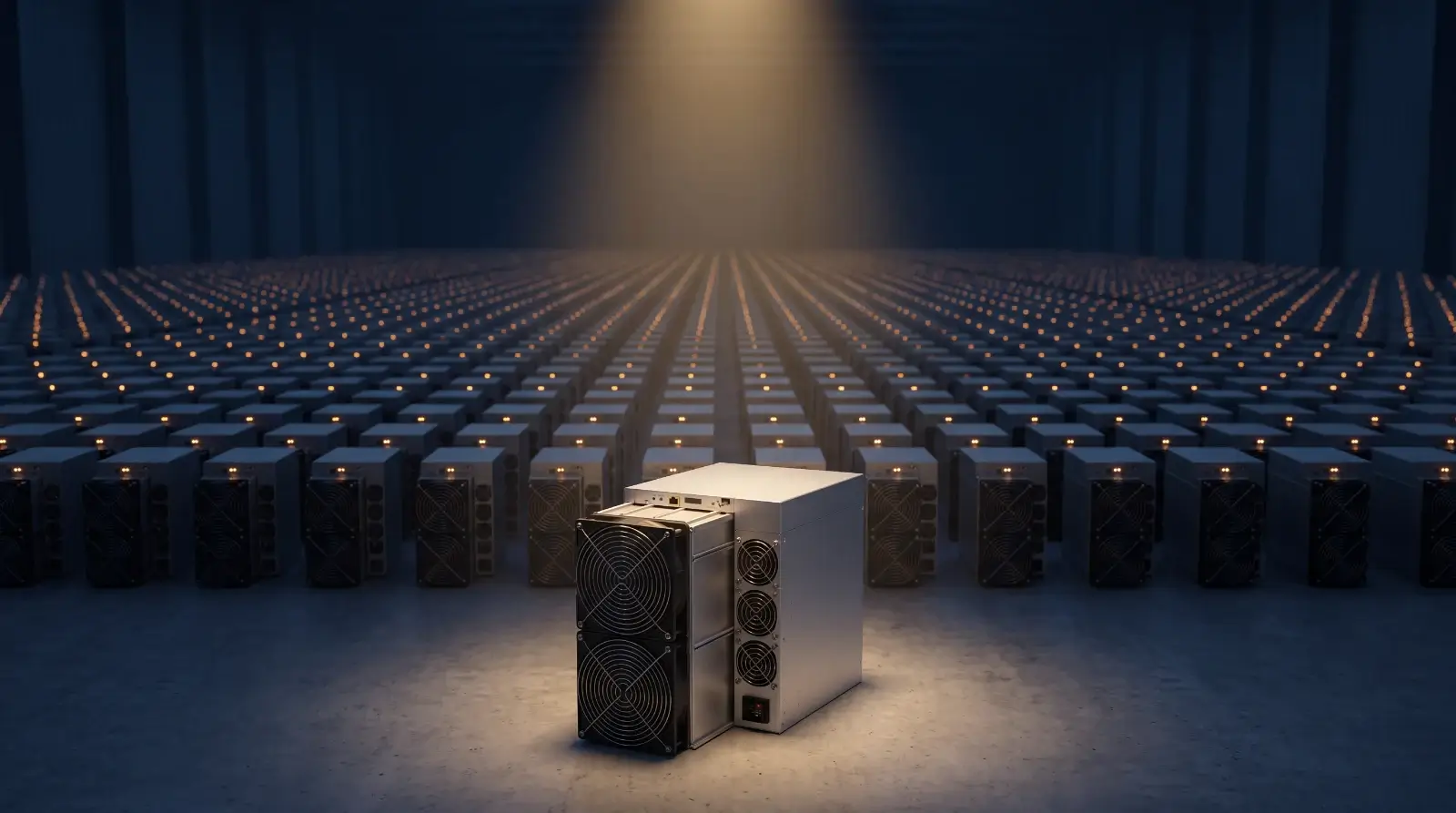 Single Antminer S21 in a beam of light in front of thousands of identical miners