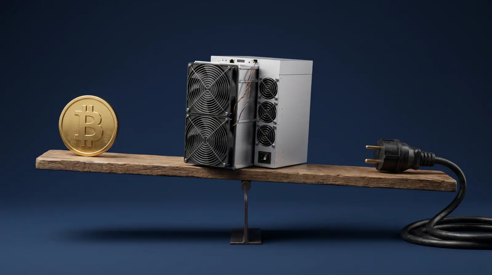 Antminer S21 XP balanced on a seesaw between a Bitcoin coin and a power plug