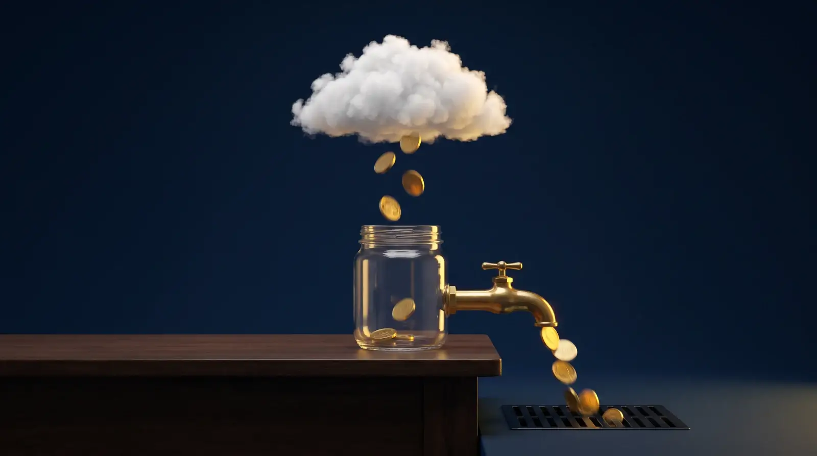 Cloud mining illustration — coins falling from a cloud into a jar while a tap drains most of them away as fees