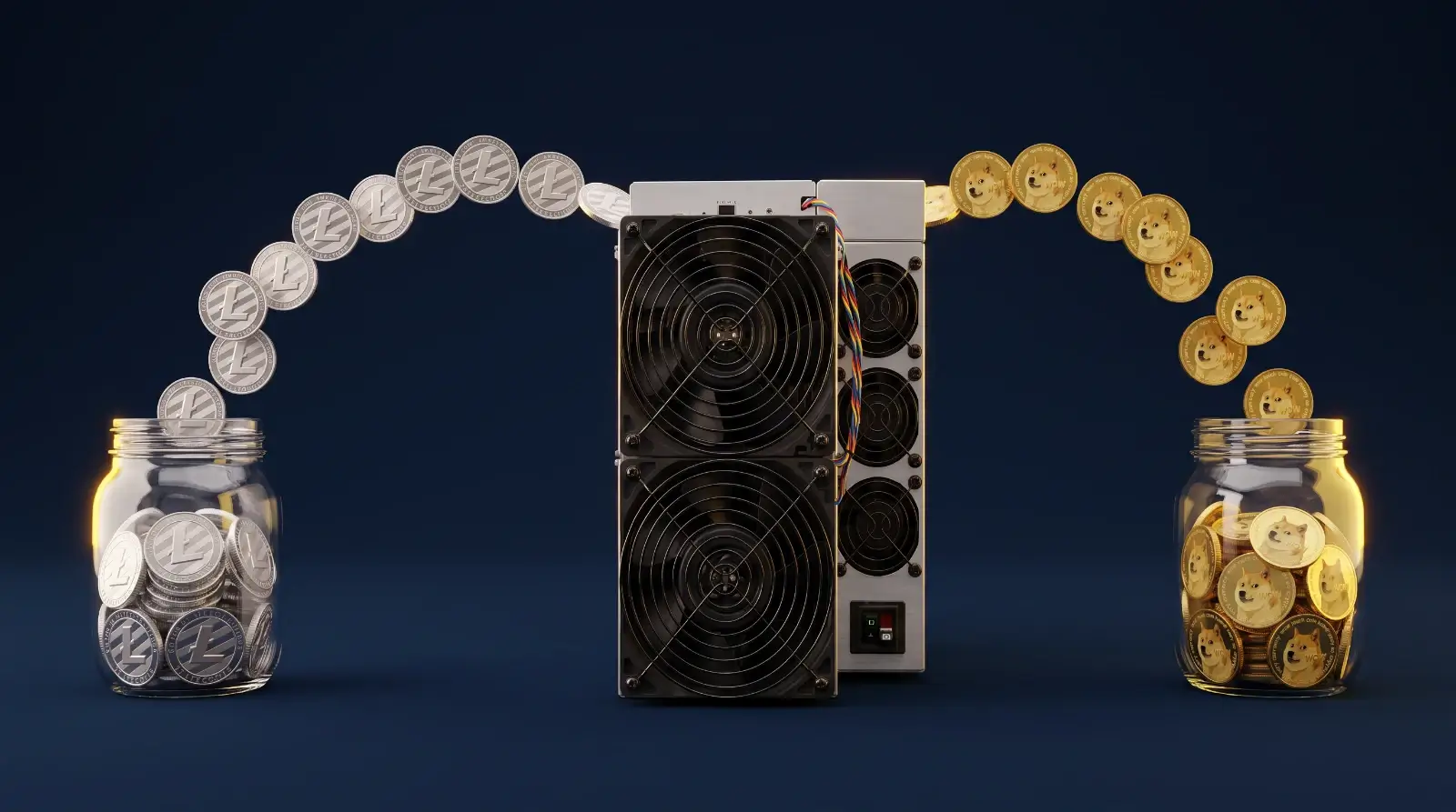 Dogecoin and Litecoin merged mining — one Antminer L9 sending Litecoin coins to the left jar and Dogecoin coins to the right jar