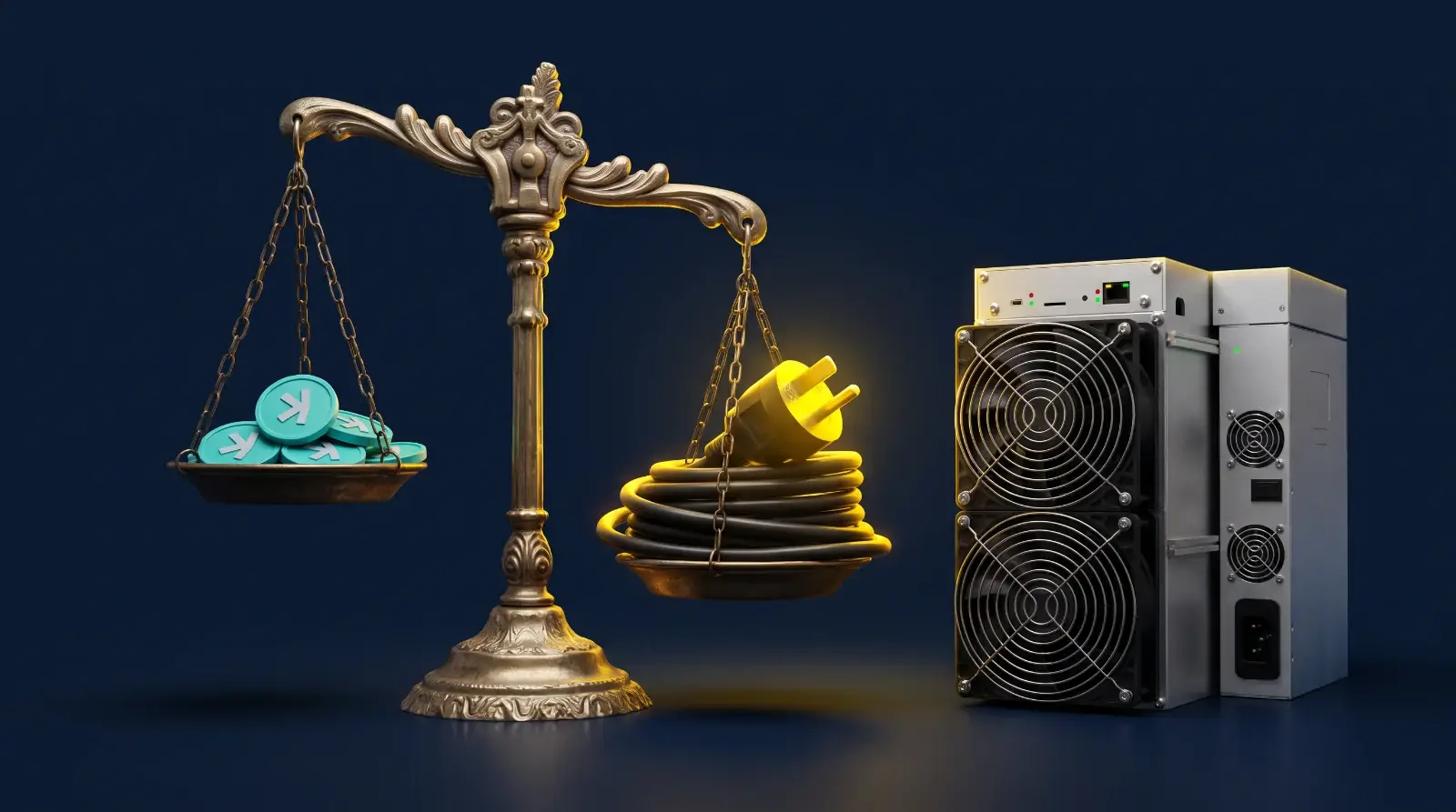 Kaspa mining 2026 — balance scale with Kaspa coins outweighed by a power plug and cable, next to an IceRiver KS miner