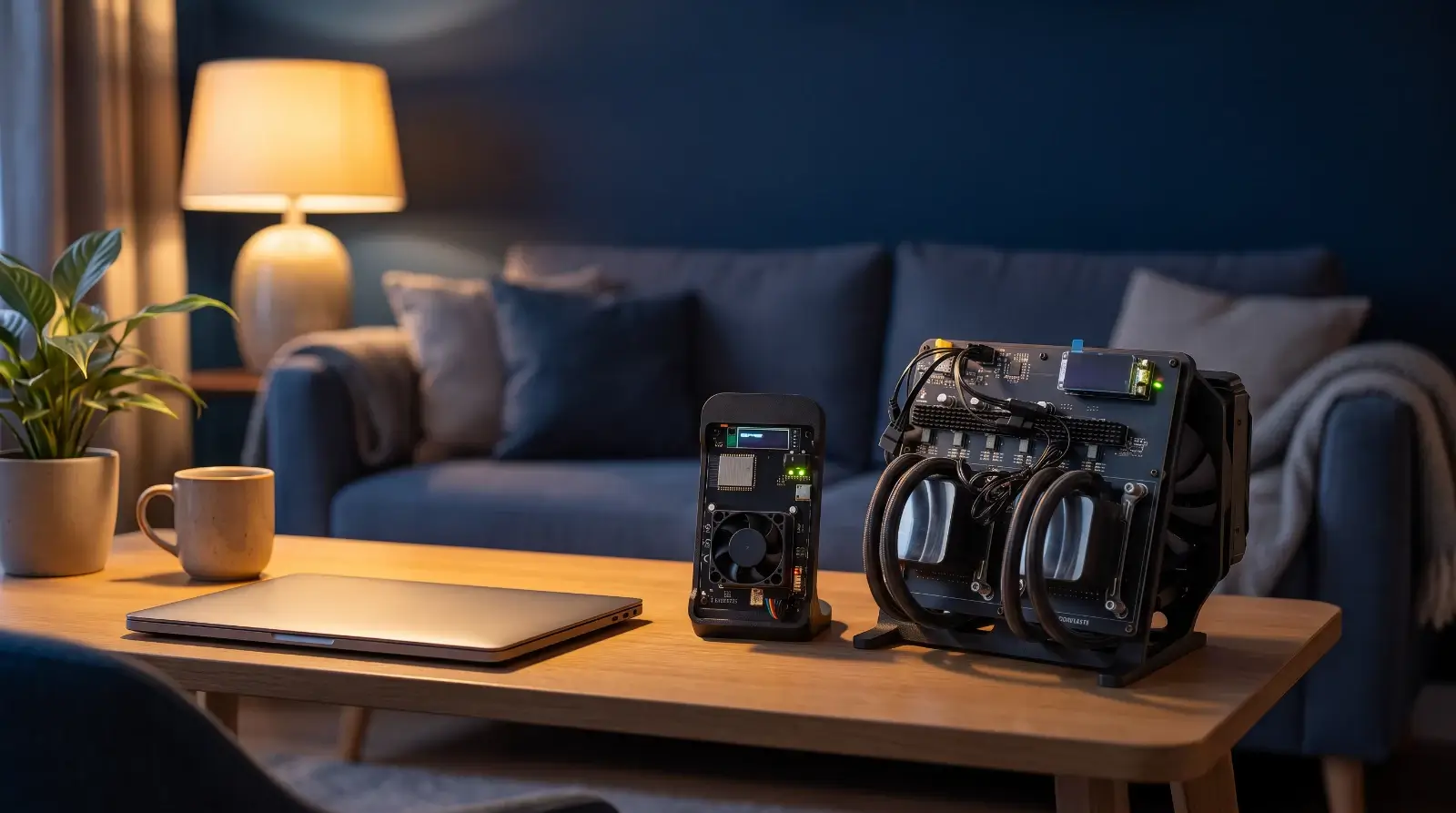 NerdQaxe and Bitaxe home lottery bitcoin miners running quietly on a living room coffee table