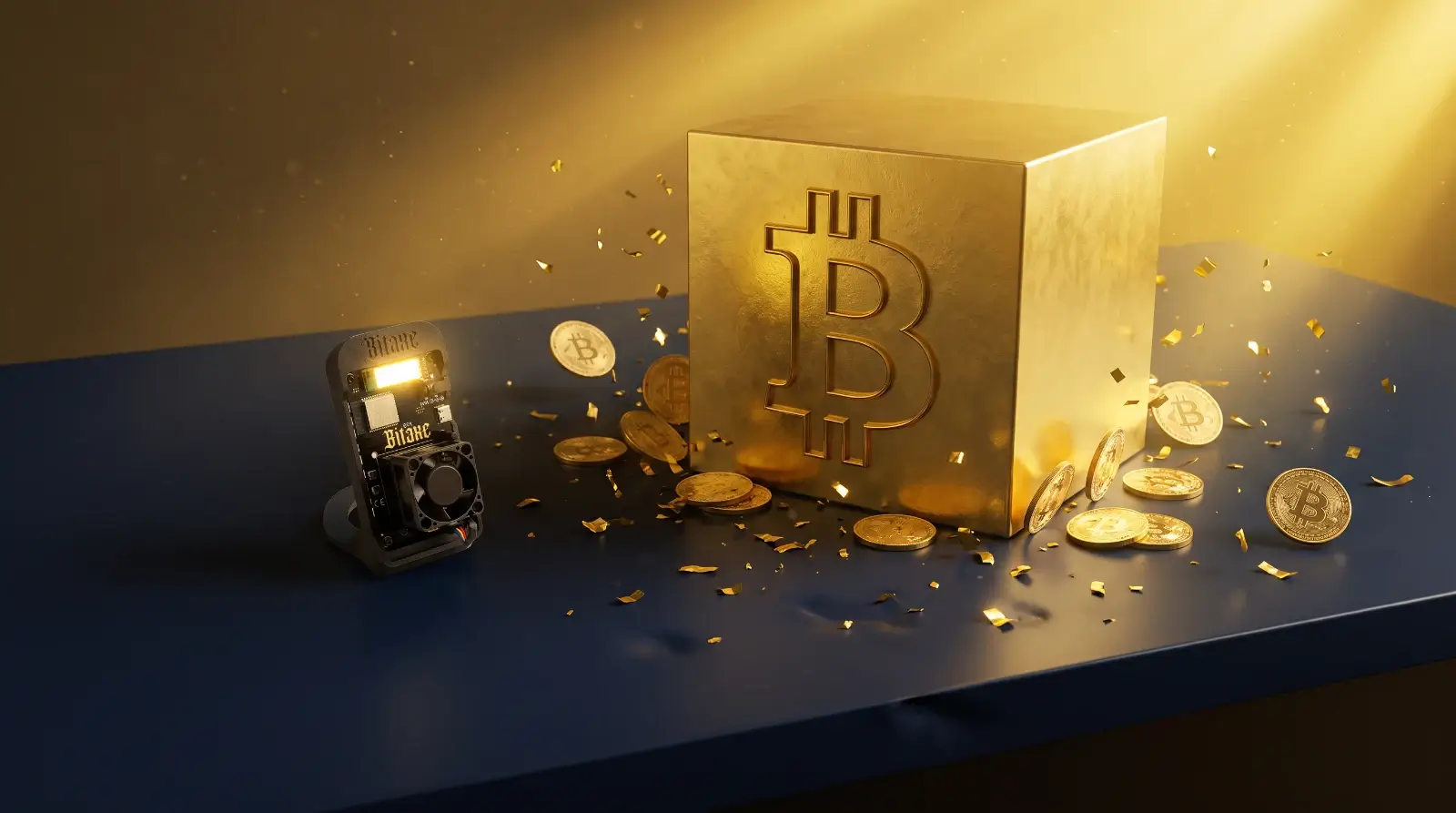 Solo bitcoin miner win — a tiny Bitaxe miner next to a huge gold block with the Bitcoin symbol