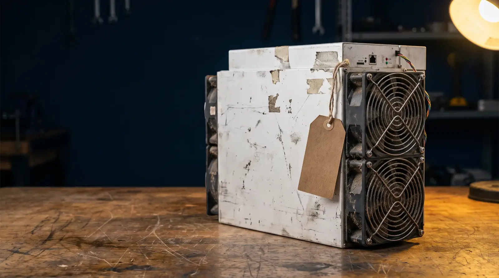 Used ASIC miner with dusty fans, scuffed casing and a price tag on a workshop bench